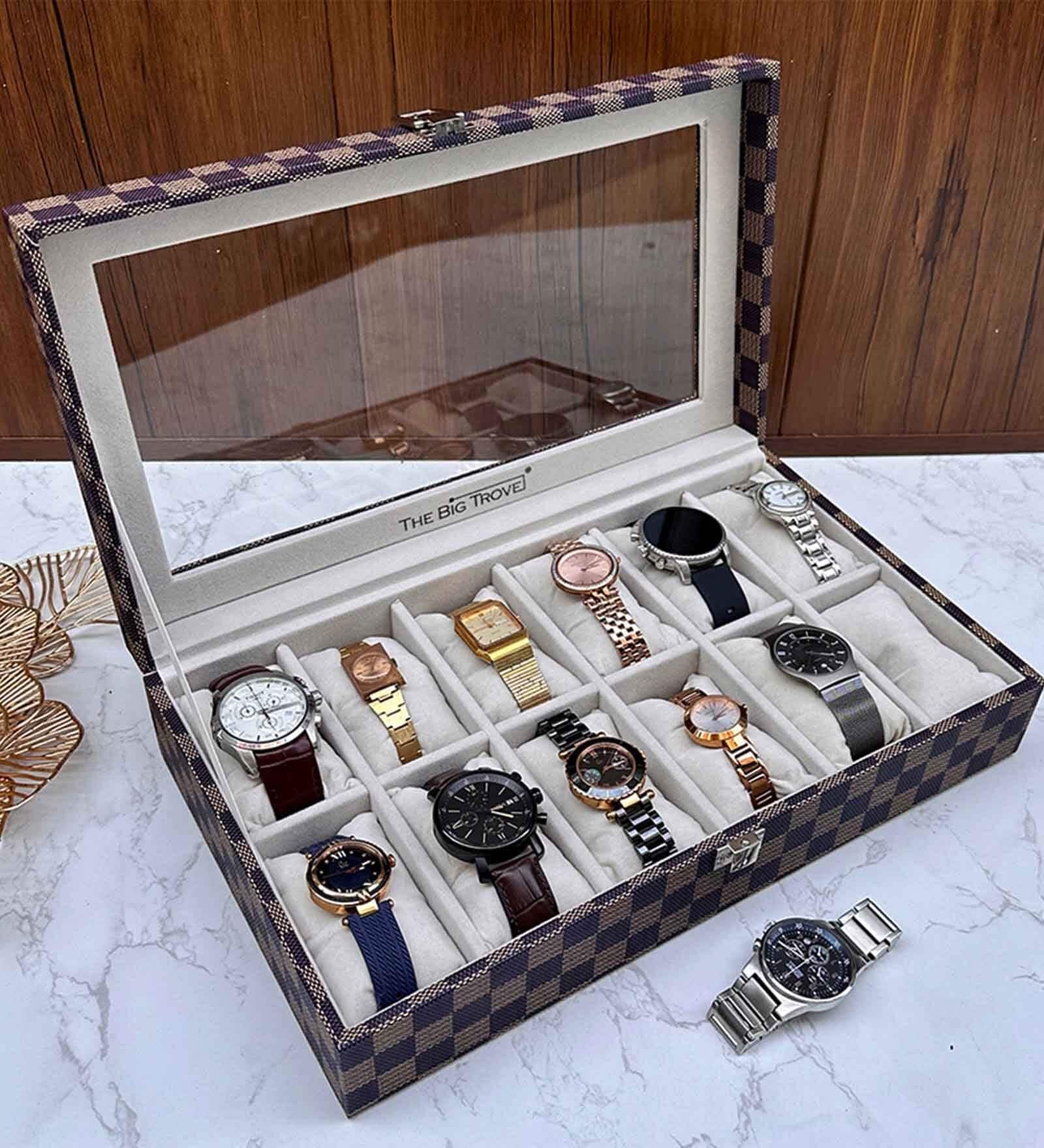 Brown 12 Slot Watch Display Box Case Organiser With Glass Top